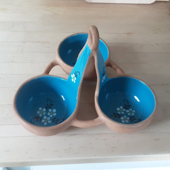 Handpainted Blue Turquoise Terracotta Serving Dip Set. 3 Bowls - Picture 1 of 4